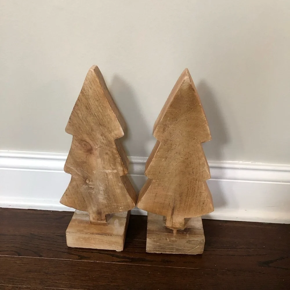 Rustic Farmhouse Hand-Carved 12” Wooden Christmas Trees w/Distressed Finish x2